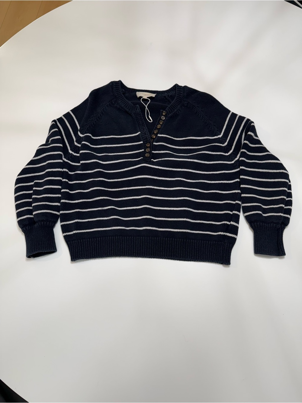 Sezane Navy and White Striped Henley Pullover Size Small - Picture 2 of 7